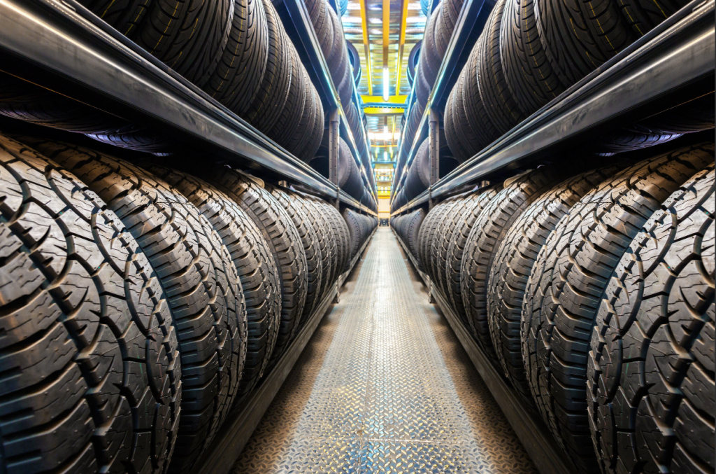 Rows of tires in a warehouse near Harrison Ford in Wellington, OH.