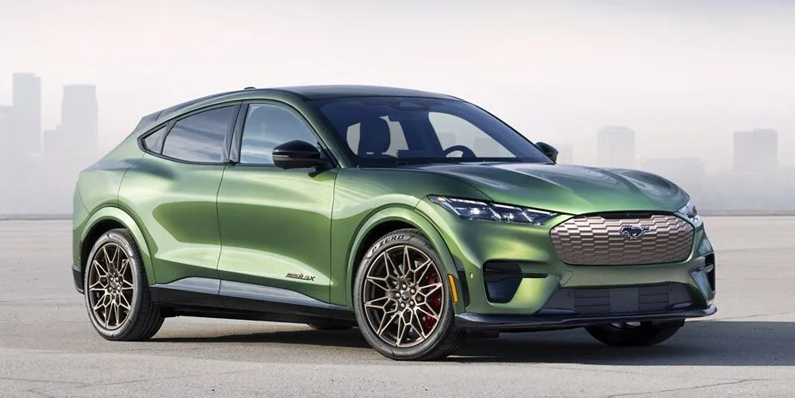A green 2024 Mustang-Mach-E with a city scape in the backround.